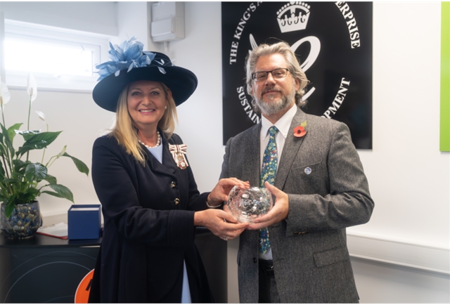 Midas MD, Mr Alan Rance, receives The Kings Award for Enterprise - Sustainable Development - 2023, from HM Lord Lieutenant of Bedfordshire, Susan Lousarda - 2nd November 2023